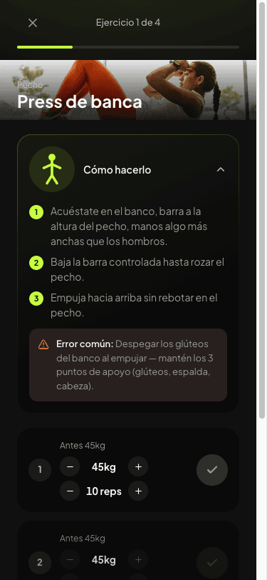 Pantalla de un ejercicio con guía de técnica