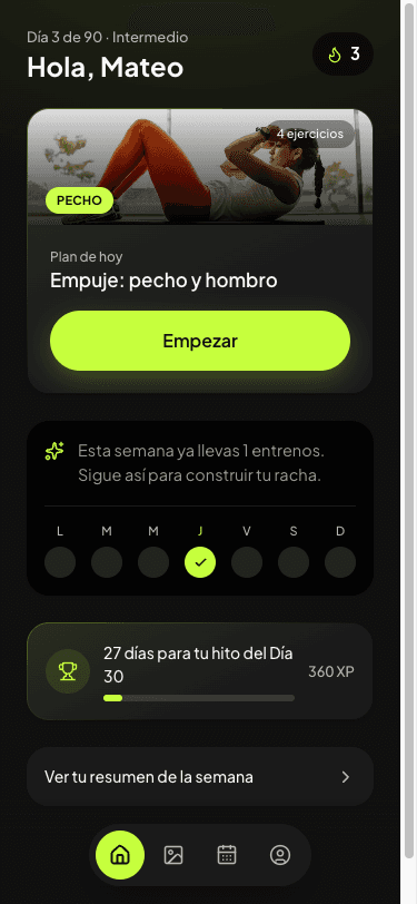 Pantalla de Inicio con el plan de hoy