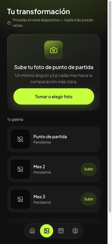 Pantalla de galería de transformación privada